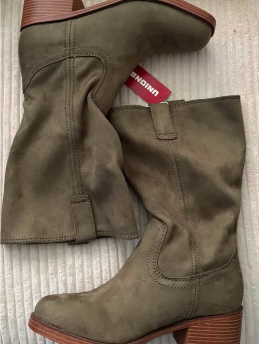 UNIONBAY Olive Suede Mid-Calf Block Heel Boots